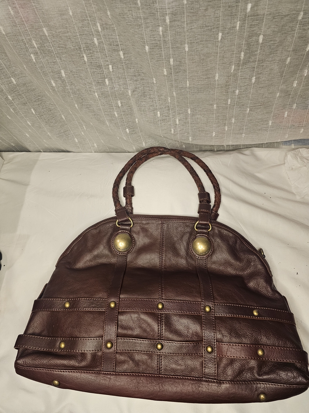 Via Spiga Brown Leather Tote w/ Braided Handles & Brass Accents & Suede Interior